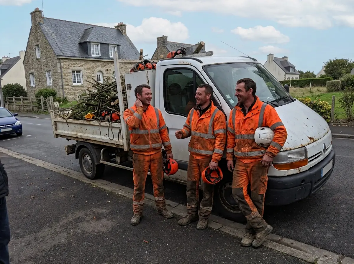 L’équipe prête à repartir, camion chargé de branches